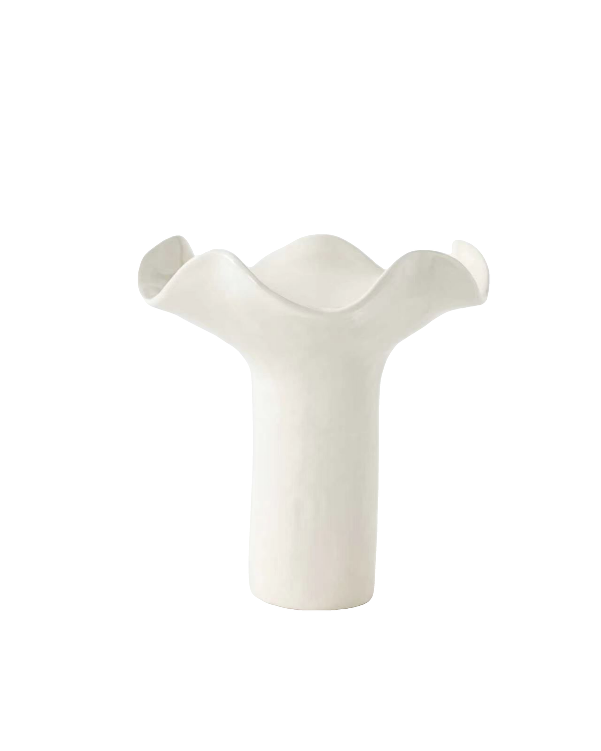 Ivory Bella Vase on its own, a white glossy column opening into a wavy ruffled rim