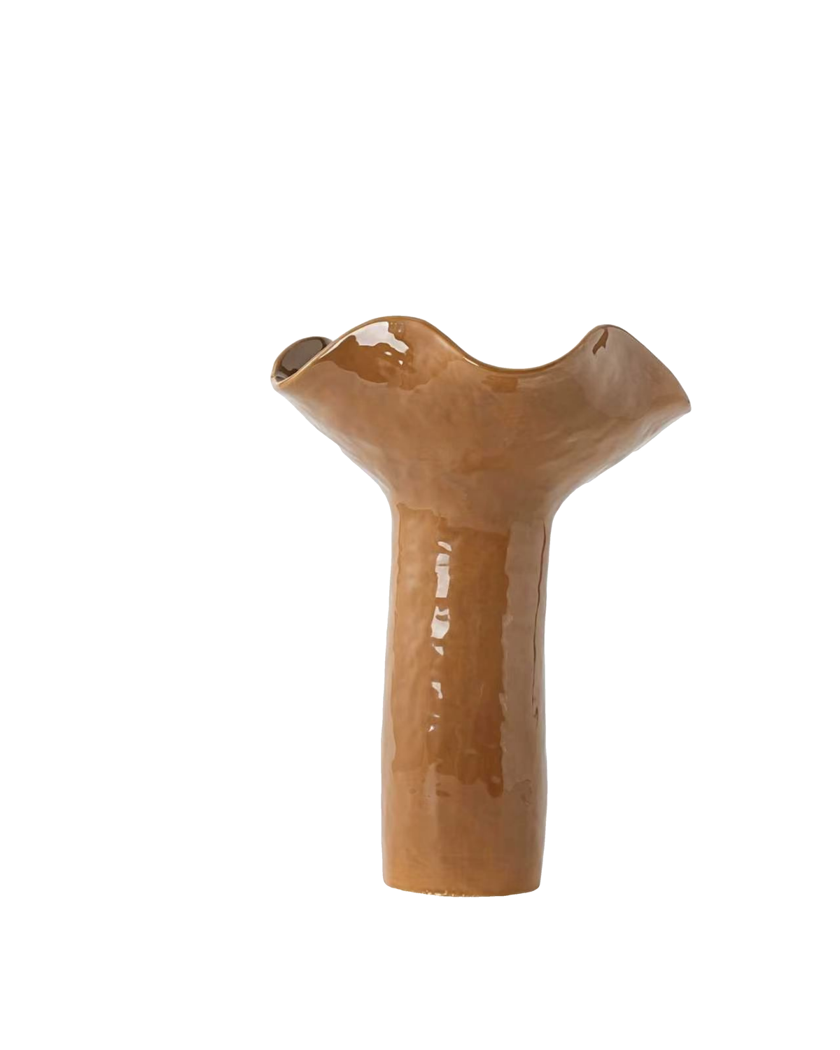 Mud Bella Vase in glossy caramel brown glaze, showing its tall uneven column and flared wavy rim