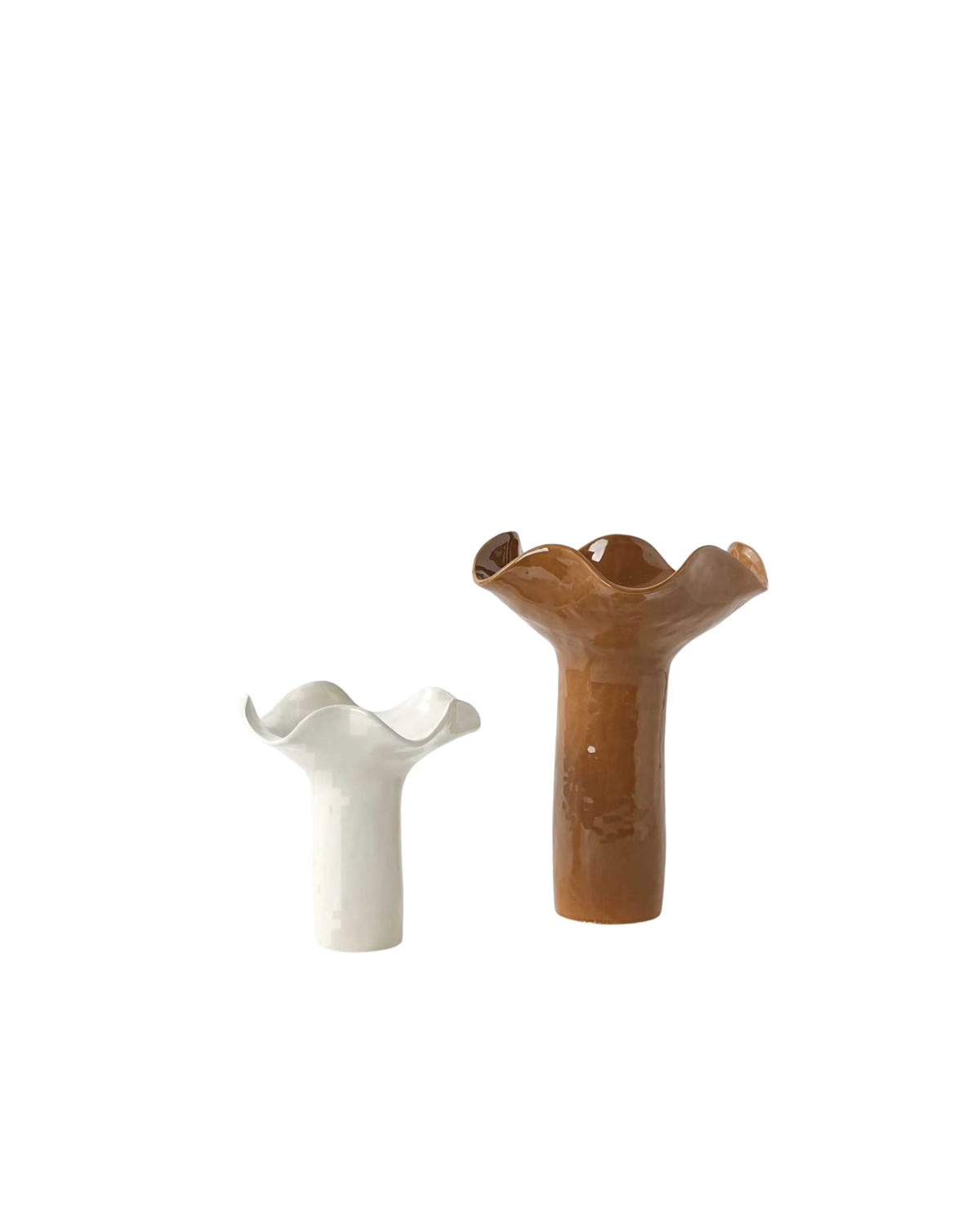 Bella Vase by Ned Collections in Ivory and Mud, ruffled rim porcelain vases side by side on white