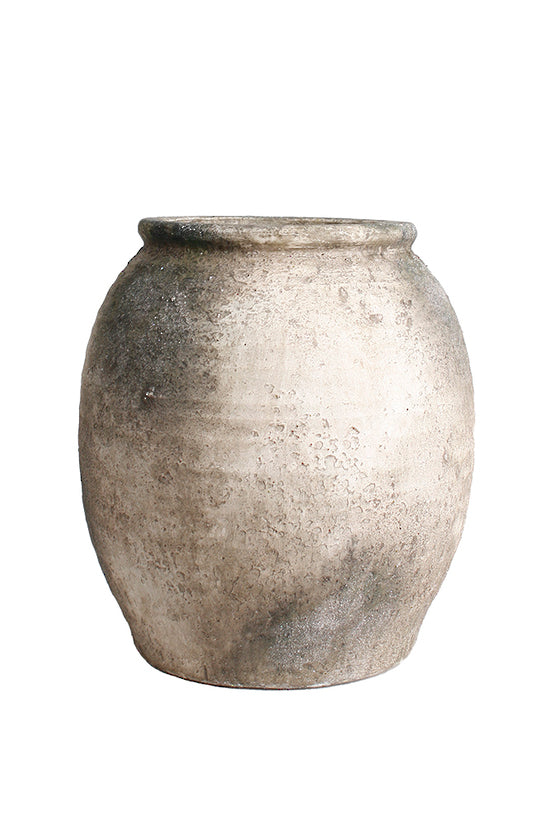 Small aged terracotta vase with concrete-like surface finish