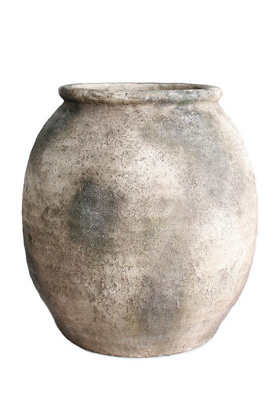 Large aged concrete-style terracotta vase as a sculptural statement