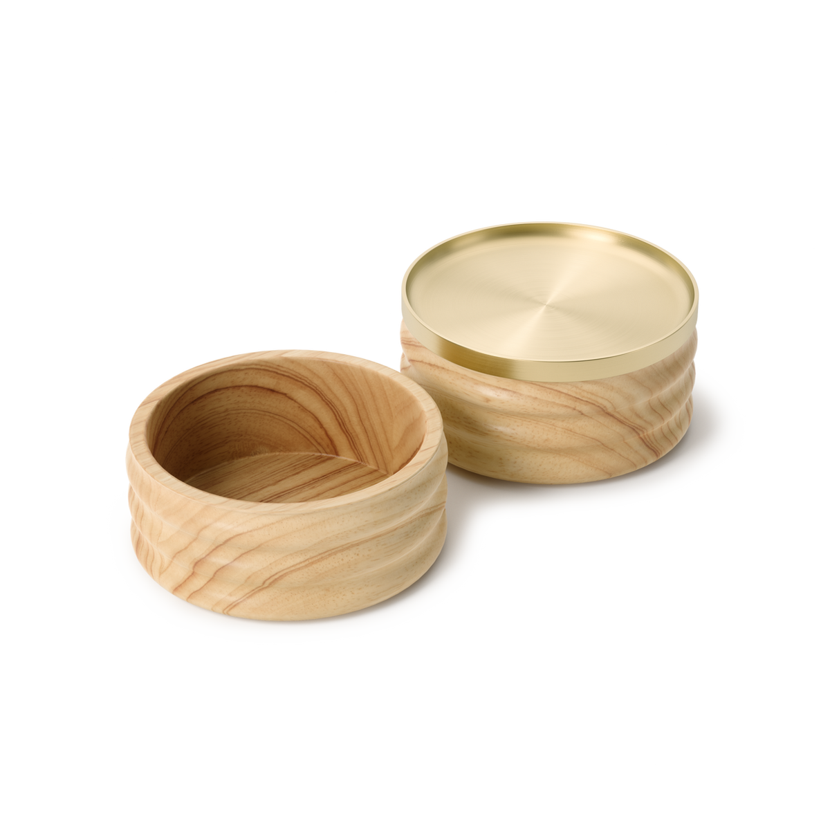 Umbra Tesora storage box in natural ash with its brass lid lifted off