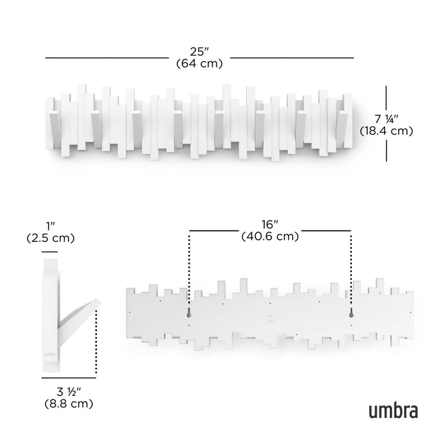 Umbra Sticks 8 hook rack dimension diagram, 64cm wide by 18.4cm high