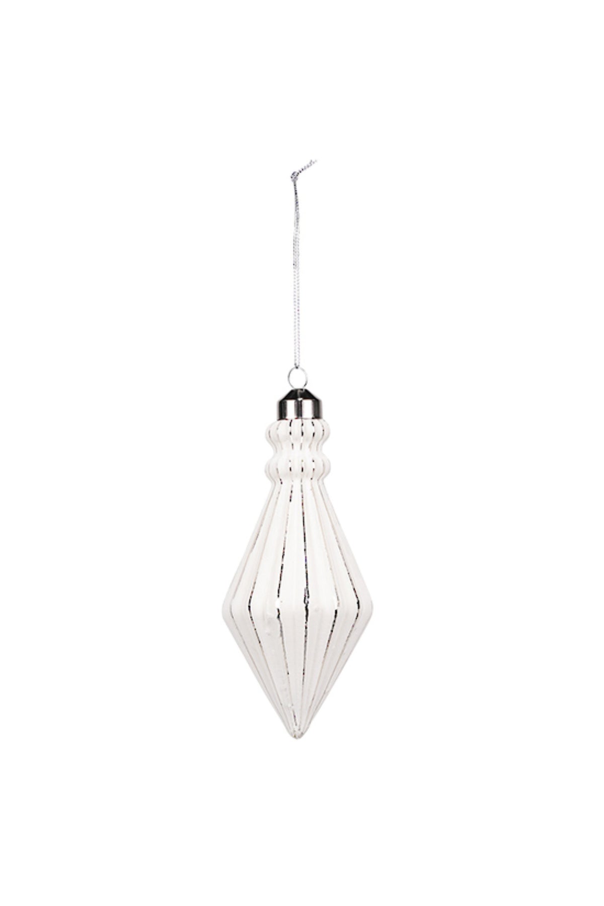 Faceted bicone Christmas decoration in white and silver, 15.5cm long