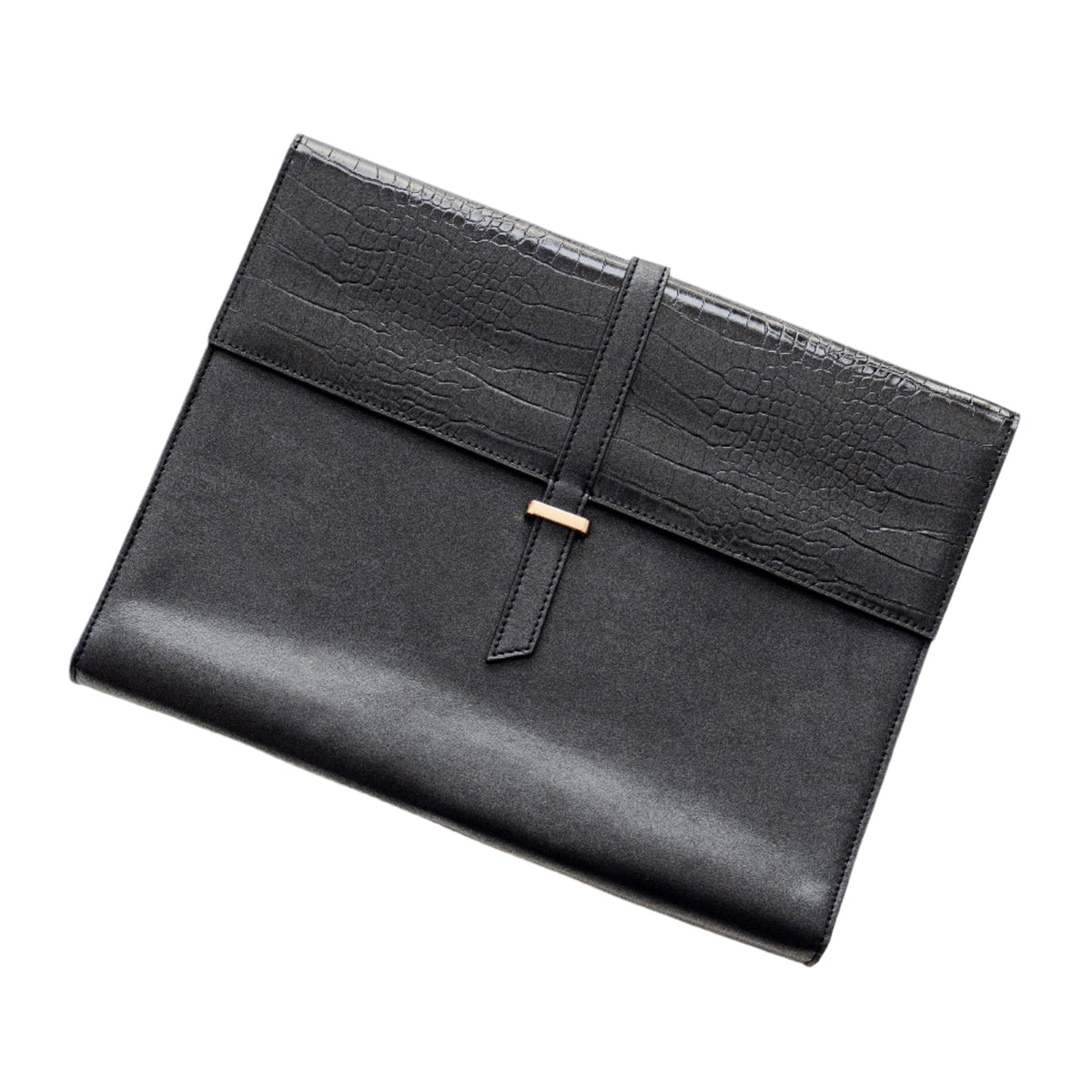 Black Penelope laptop sleeve by Papier HQ with a croc-textured flap and strap closure