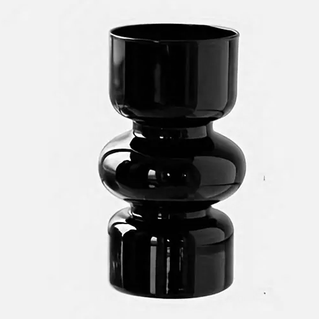 Shea glass vase in glossy black glass on a pale grey background