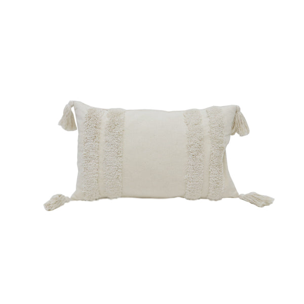A Boho Stripe Cushion by Flux Home, with tassels and fringes, featuring a chic and timeless composition.