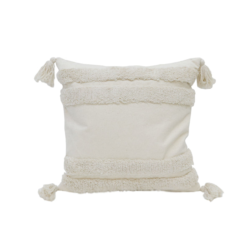 A white Boho Stripe Cushion with tassels by Flux Home.