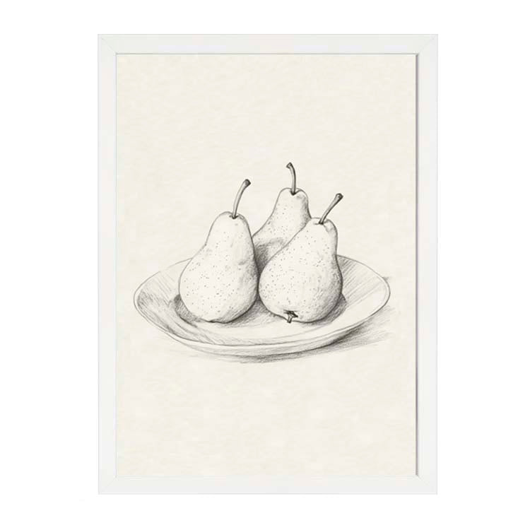 Bol de Fruits Print by Papier HQ in a white frame, soft pencil sketch of three pears in a shallow bowl on cream