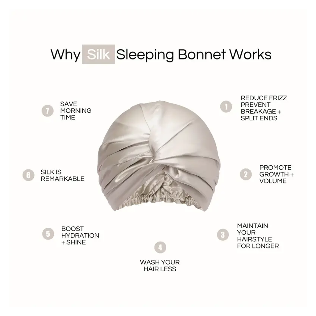Graphic setting out six reasons to wear a silk sleeping bonnet, around a champagne bonnet