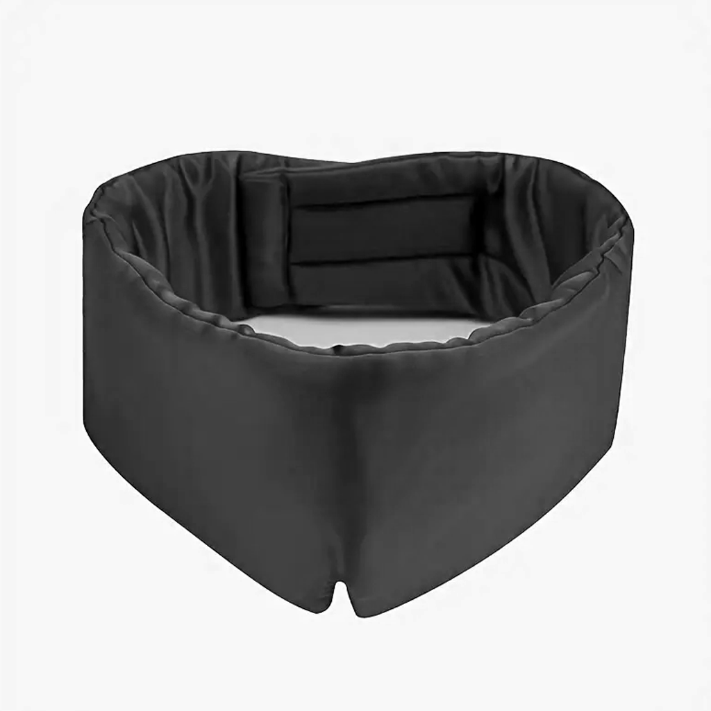 Back of the black mulberry silk eye mask, showing the padded band and elastic