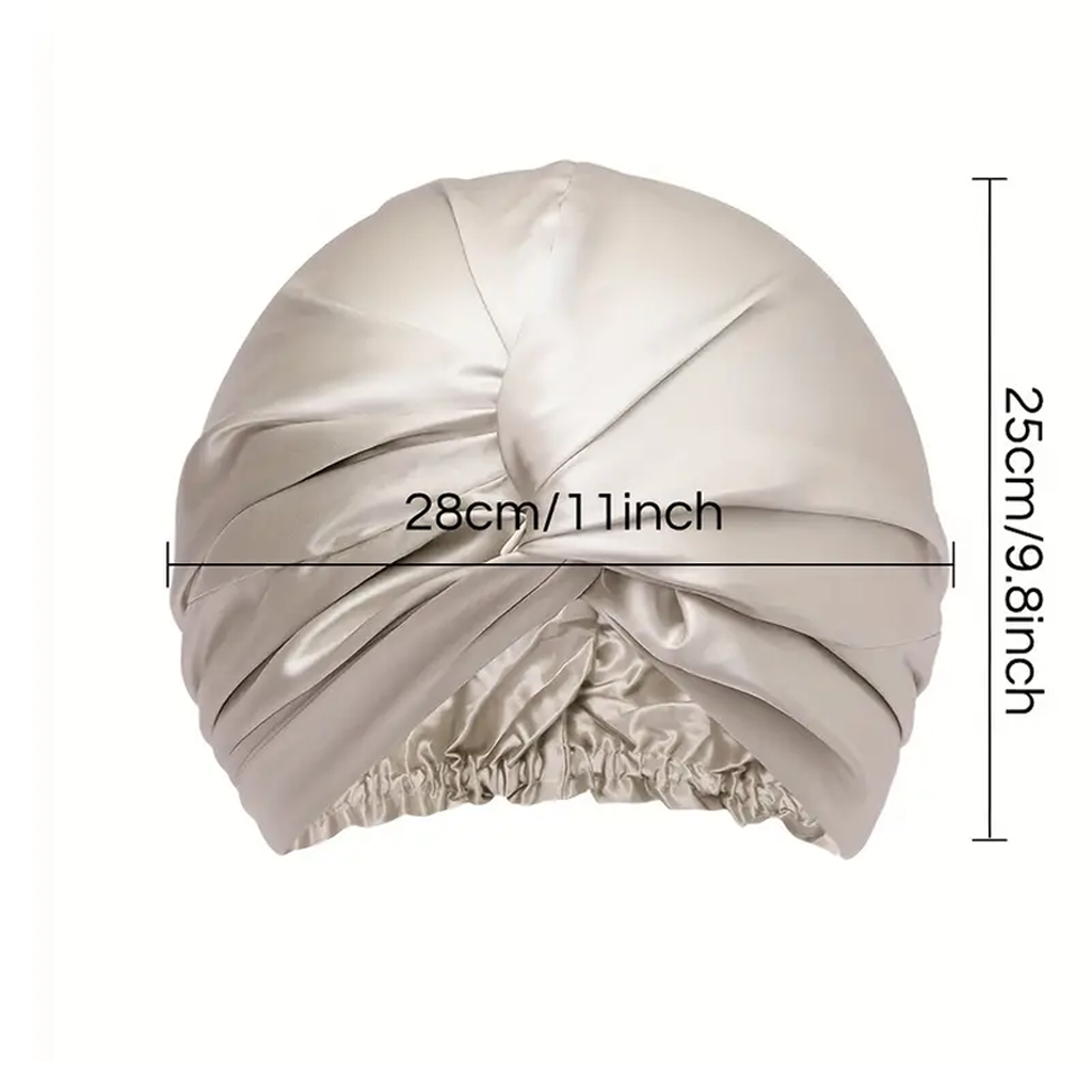Size diagram for the mulberry silk sleep bonnet, 28cm wide and 25cm high