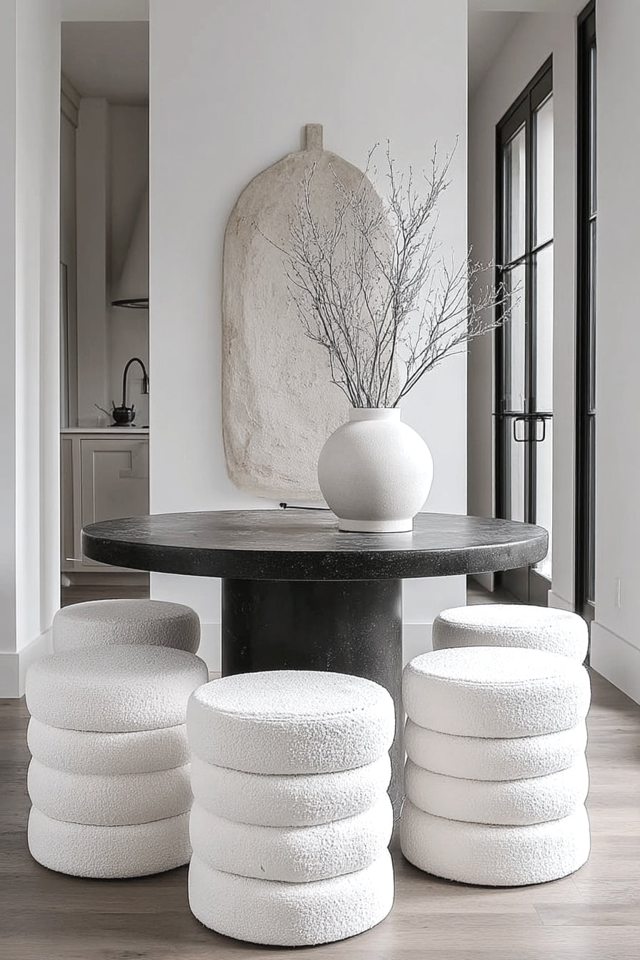 Four white tiered ottomans pulled up around a dark round dining table