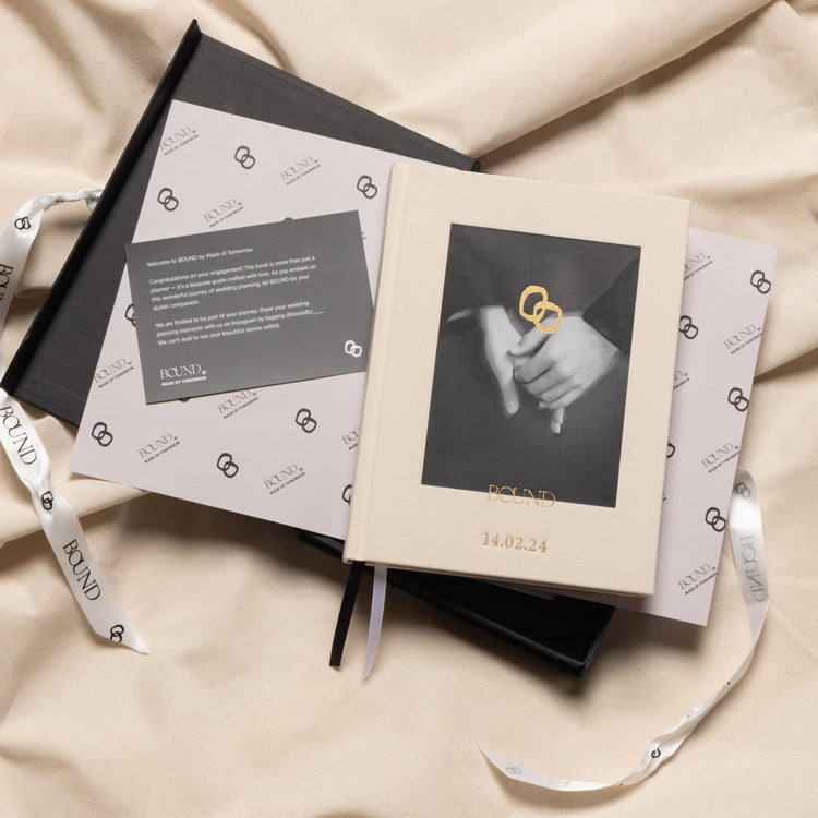 BOUND by Made of Tomorrow Wedding Planner in linen box with ribbon – luxury wedding planning book and engagement gift