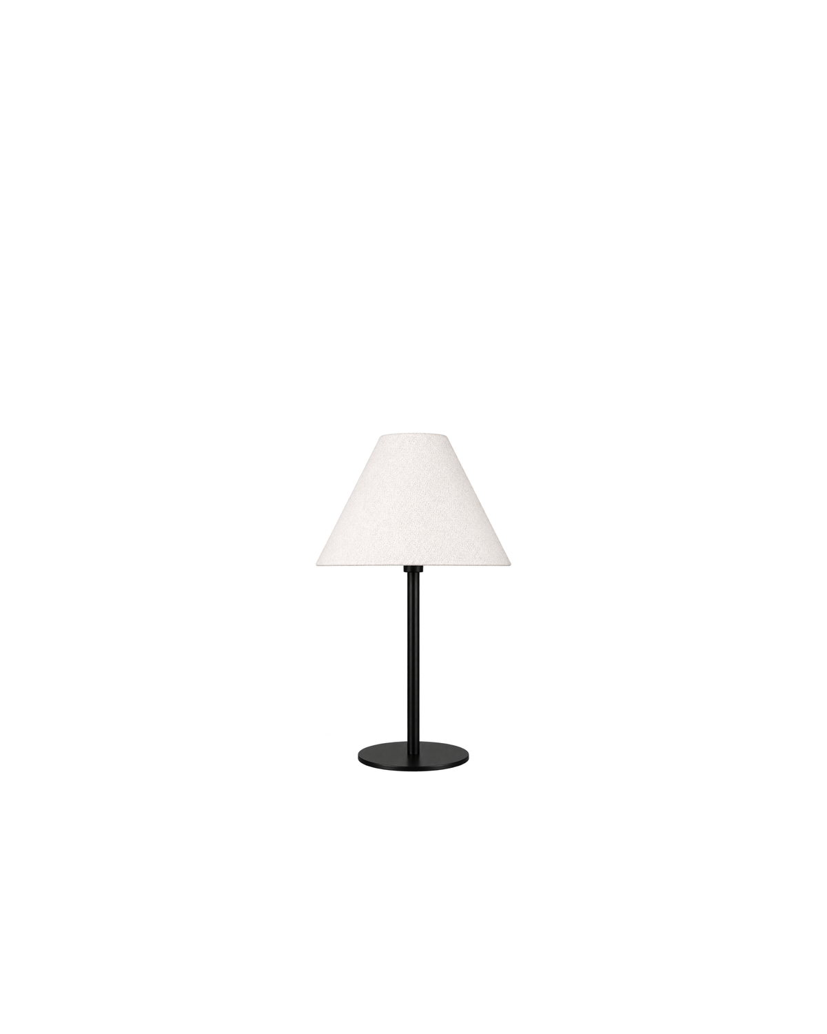 Bow Table Lamp by Ned Collections with a slim black stem, round base and natural linen cone shade, on white
