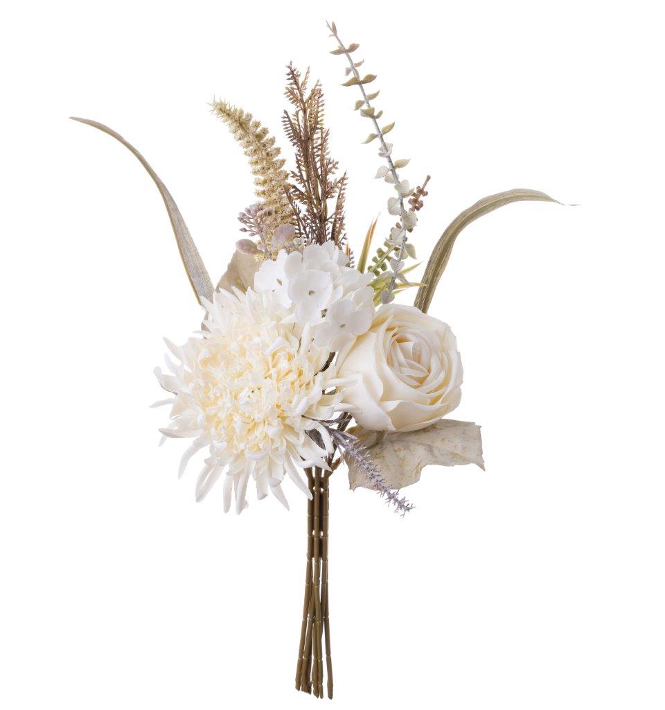 Faux Briarwood Bundle in white, a 45cm posy of chrysanthemum, rose and dried-look grasses tied at the stem.