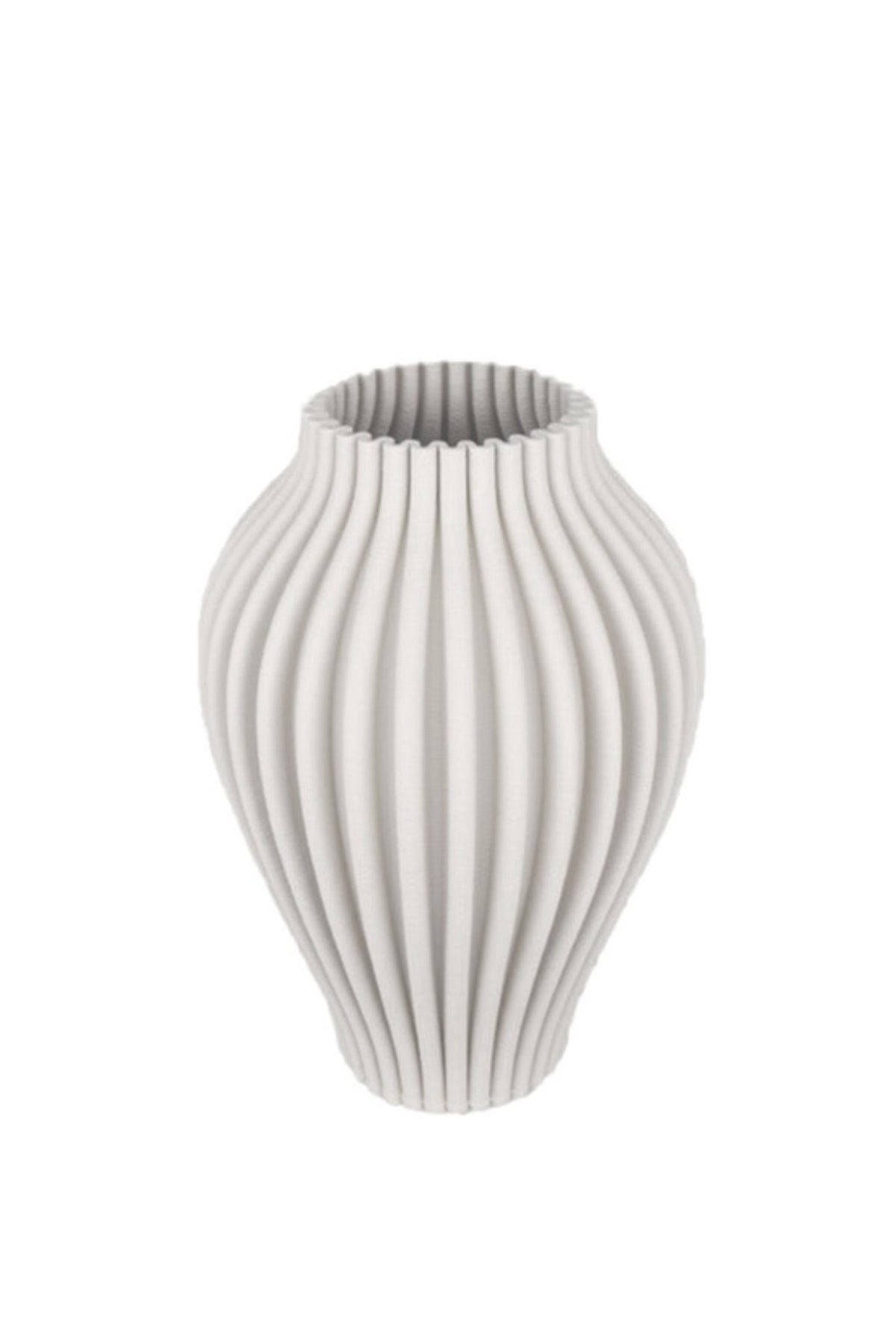 Large Brigitte 3D ceramic vase in white, a rounded urn shape with fine vertical ribs