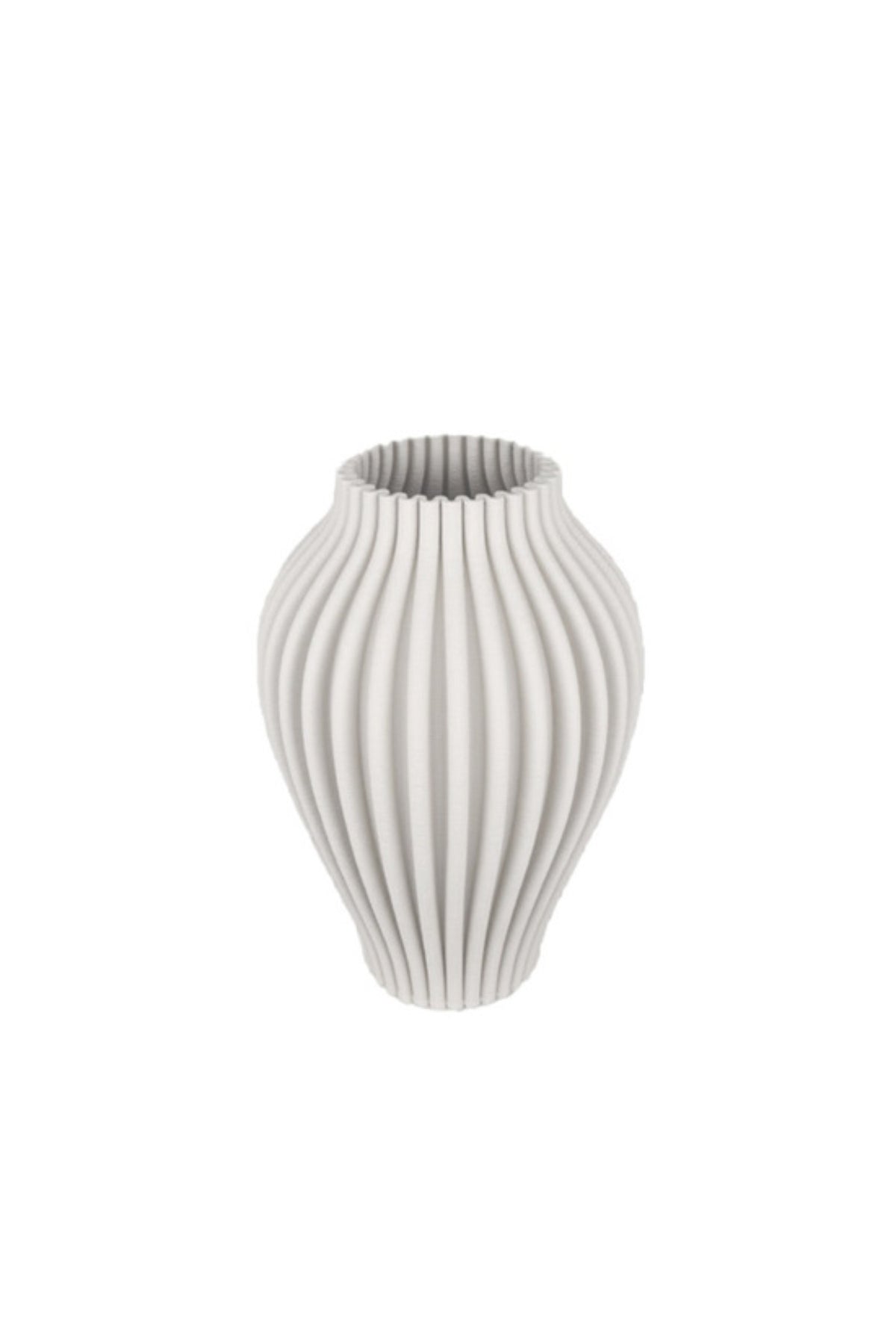Small Brigitte 3D ceramic vase in white with a ribbed urn silhouette and narrow neck