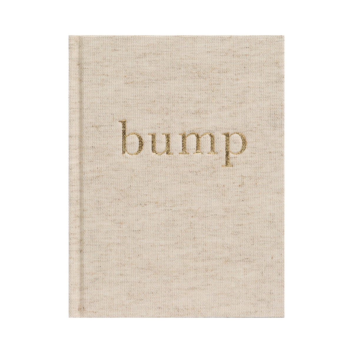 Write To Me Bump pregnancy journal in natural linen with gold embossed title, front cover on a white background