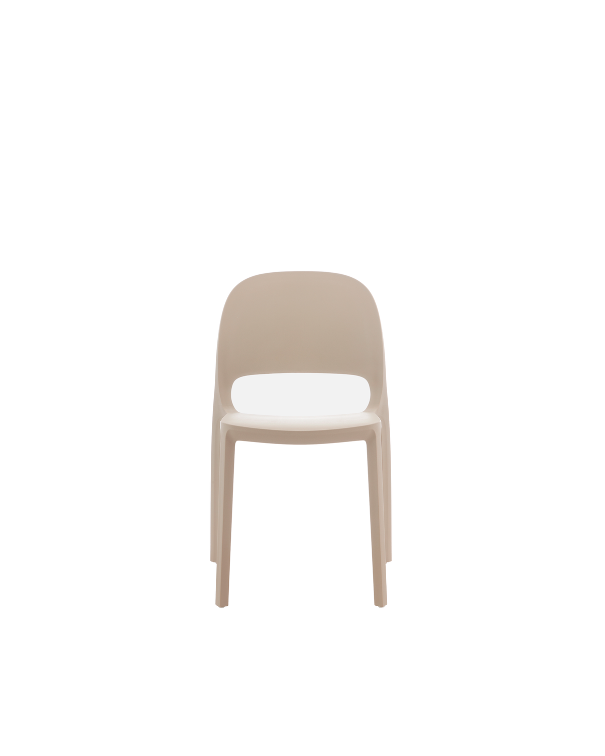 Two Nude Cali chairs stacked, seen from the front with the rounded back and cut-out above the seat