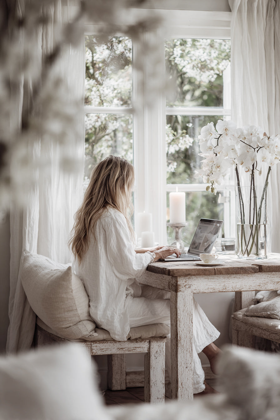 White pillar candle on a rustic timber table by a window, with white orchids, a laptop and a linen-clad figure