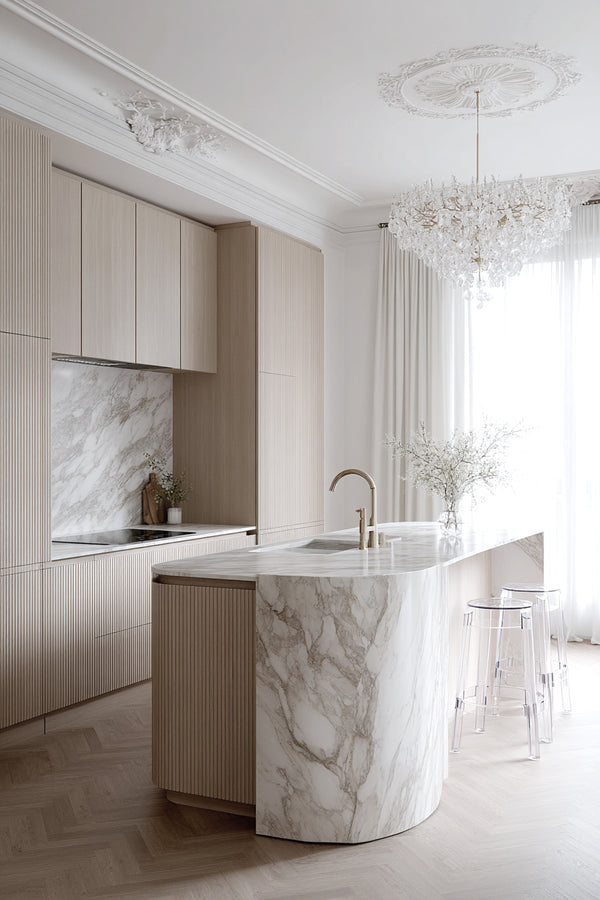Casper Bar Stool in minimalist white kitchen beside island bench