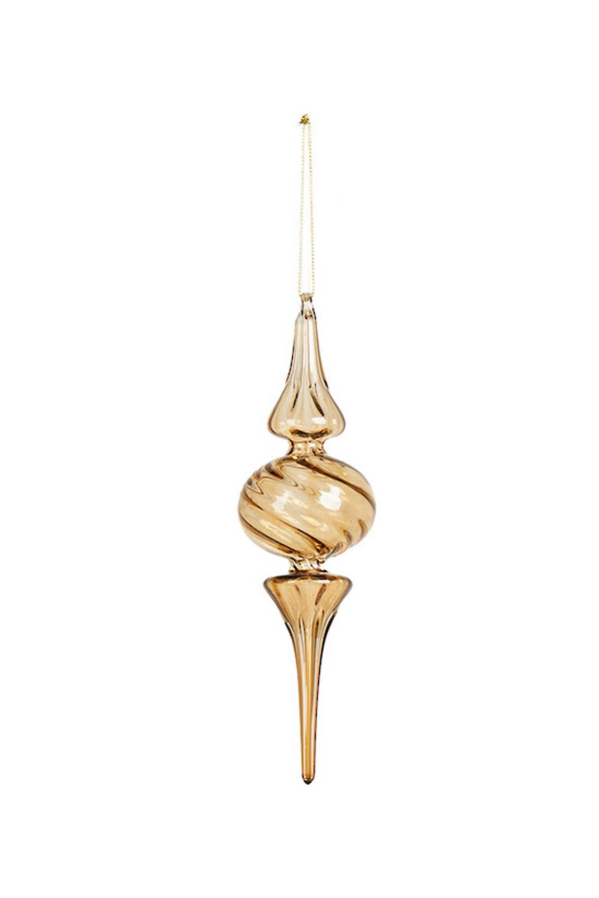 Clear gold glass finial Christmas decoration with a twisted, bulbous centre, 20cm