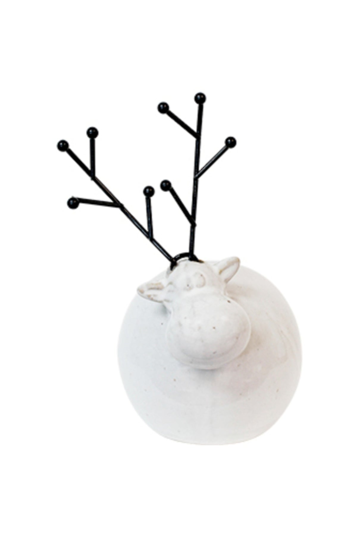 Round white ceramic deer head ornament with black metal antlers and tiny gold tips