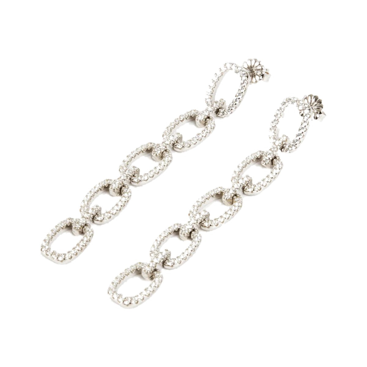 Pair of Chained Earrings laid diagonally, showing the stone-set links