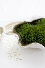 Champagne clam shell decor piece filled with greenery styled on a white book for a coastal-inspired look.