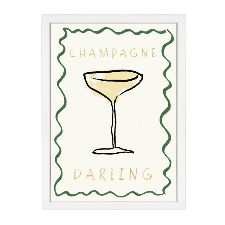 Champagne Darling Print by Papier HQ in a white frame, hand-drawn champagne coupe framed by a wavy green border