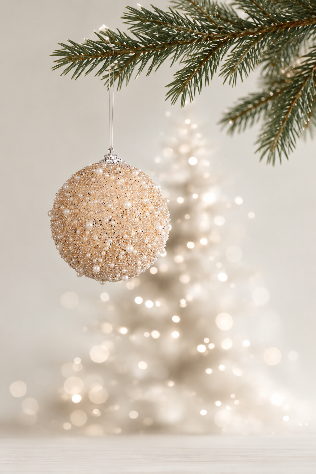 Beaded bauble in champagne and pearl hanging from a pine branch in front of a softly glowing Christmas tree