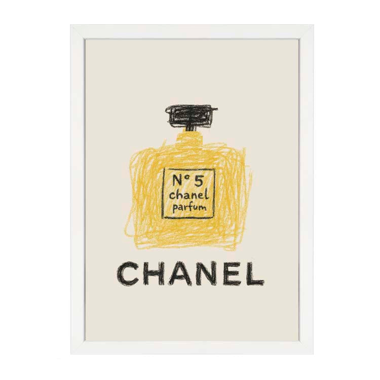Chanel Parfum Print by Papier HQ in a white frame, scribbled yellow No 5 perfume bottle above CHANEL lettering