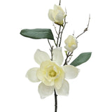 Ivory faux Chateau Magnolia stem shown full length, with three open blooms, buds and deep green leaves on a woody branch.