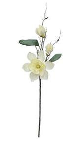 Ivory faux Chateau Magnolia stem, 80cm tall with open blooms, closed buds and slim green leaves.