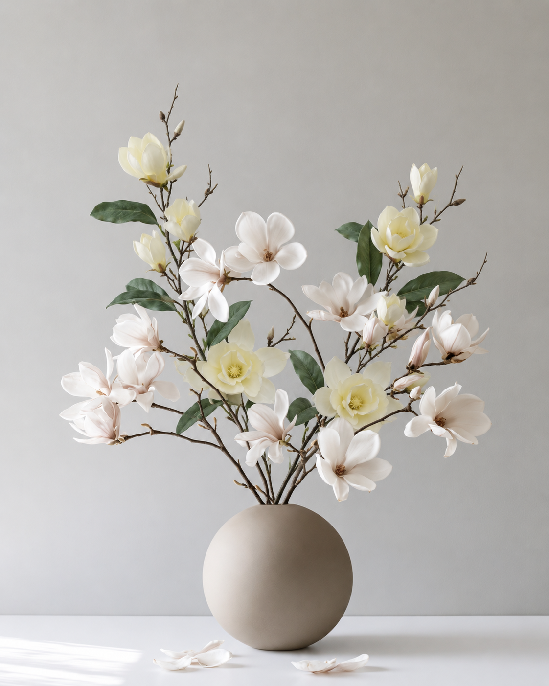 Chateau Magnolia stems in ivory among pale magnolia branches in a round stone vase