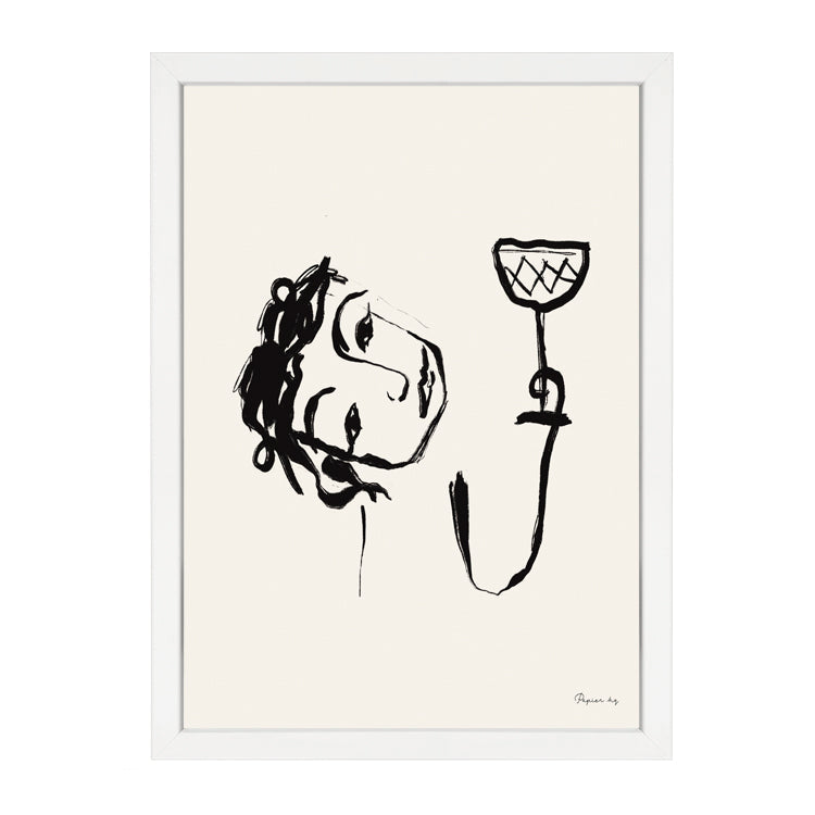 Cheers Darling Print by Papier HQ in a white frame, bold black ink portrait raising a wine glass