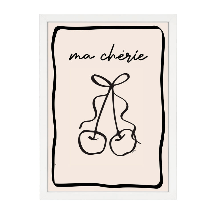 Cherry Bow Nude Print by Papier HQ in a white frame, line-drawn cherries and bow under ma chérie script on blush nude