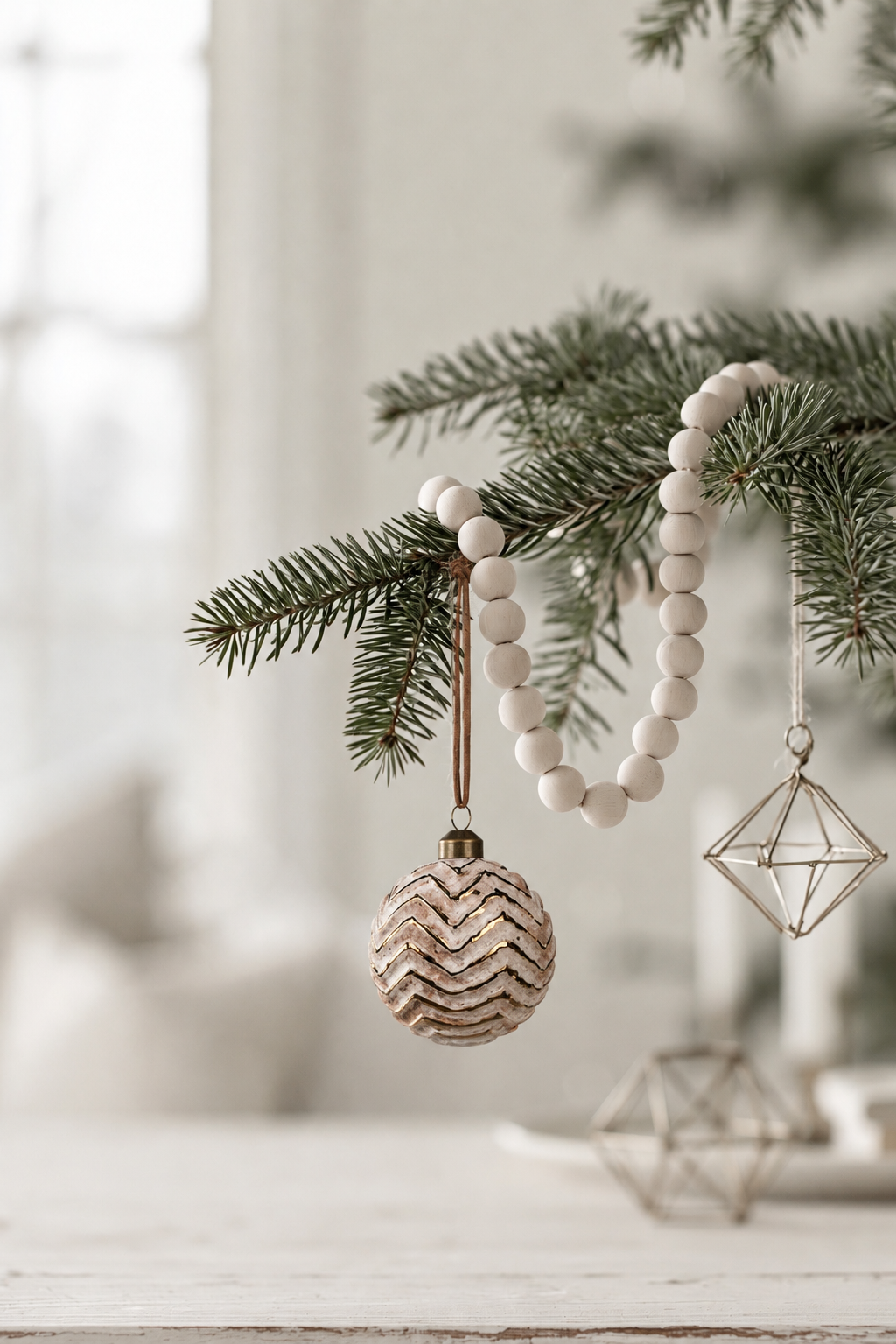 Chevron Pattern Glass Bauble in brown and gold 8cm hanging from a pine branch with a wooden bead garland
