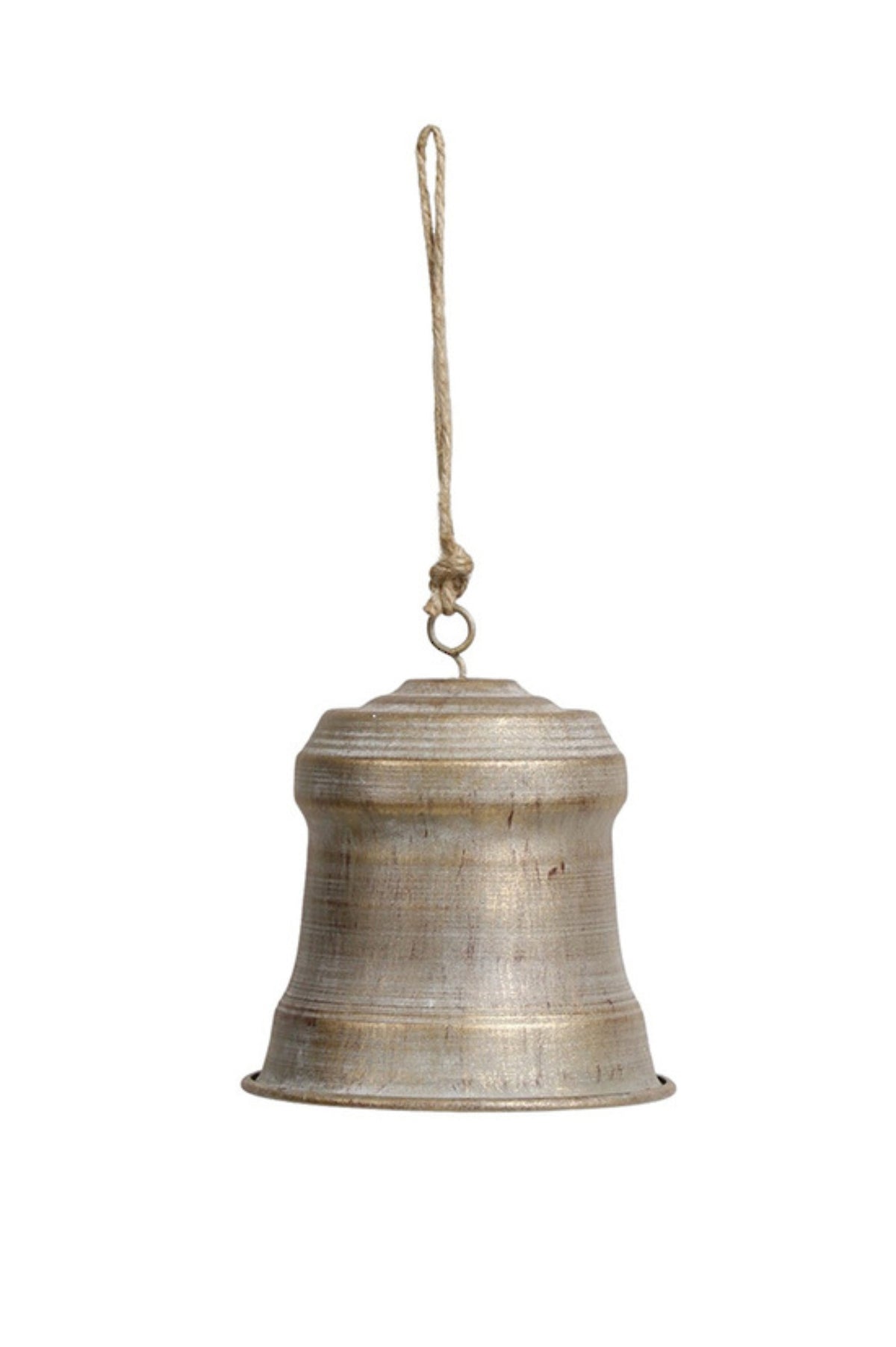 Brushed champagne metal church bell hanging Christmas decoration with a ridged crown