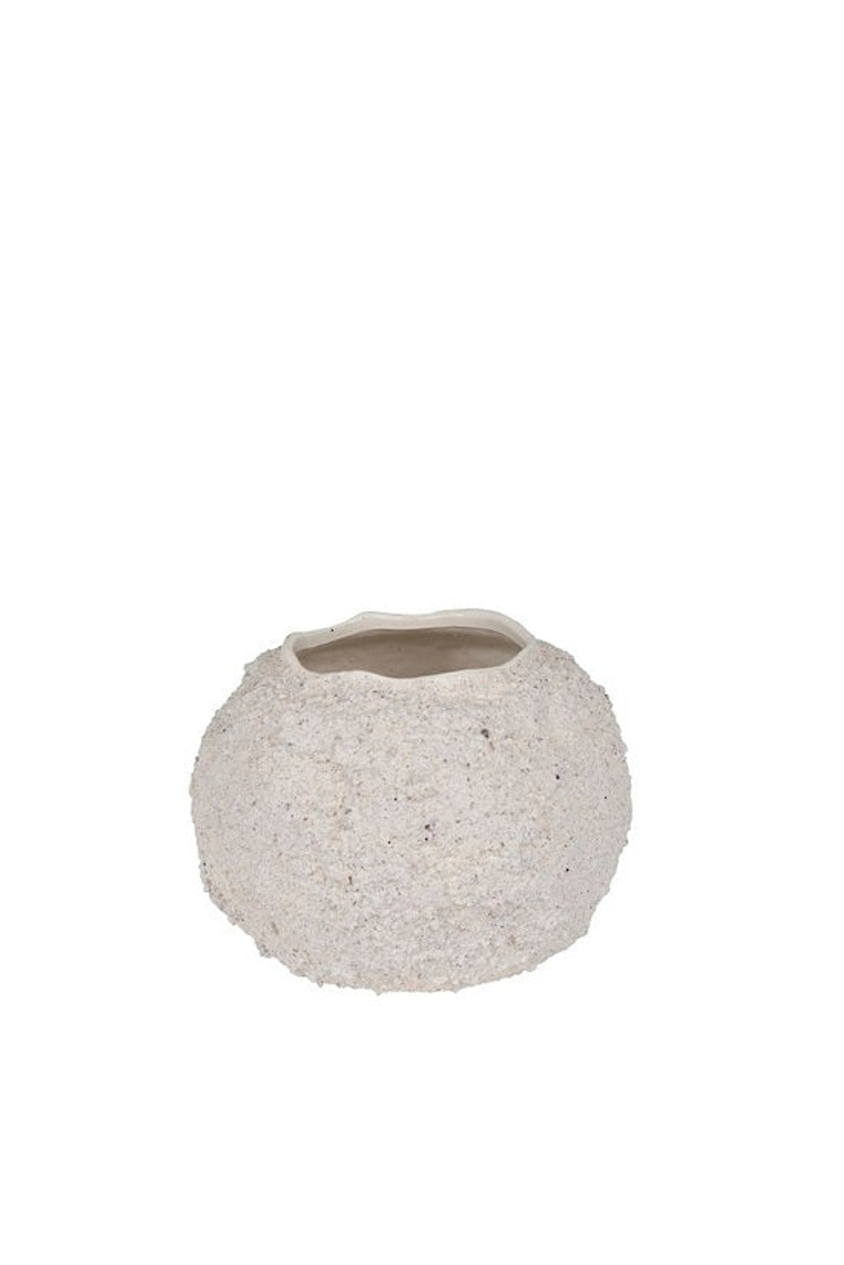 Circulus Vase, small, round white vessel with rough crackled texture on white
