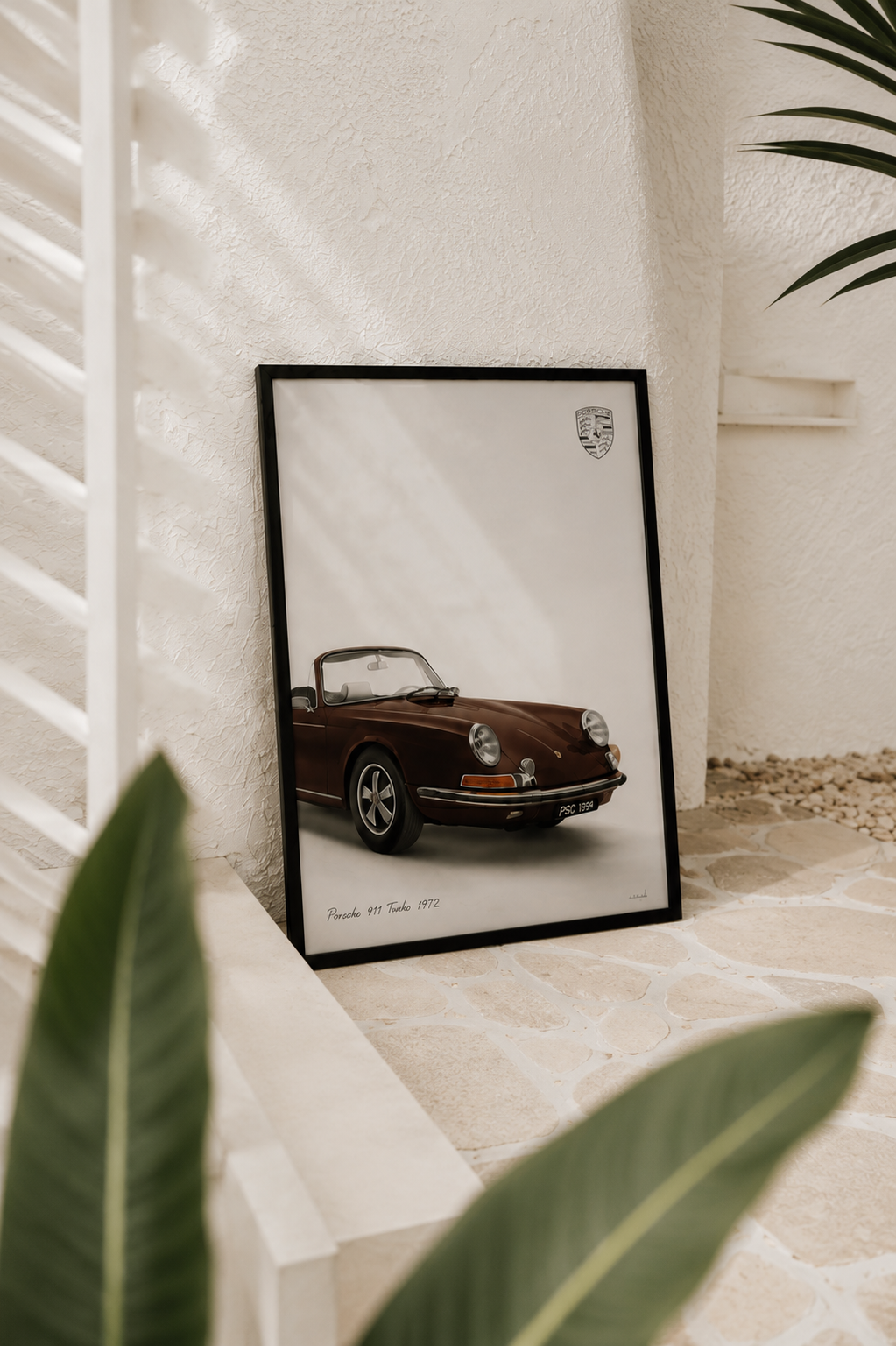 Brown classic sports car print by Papier HQ styled on a wall at home