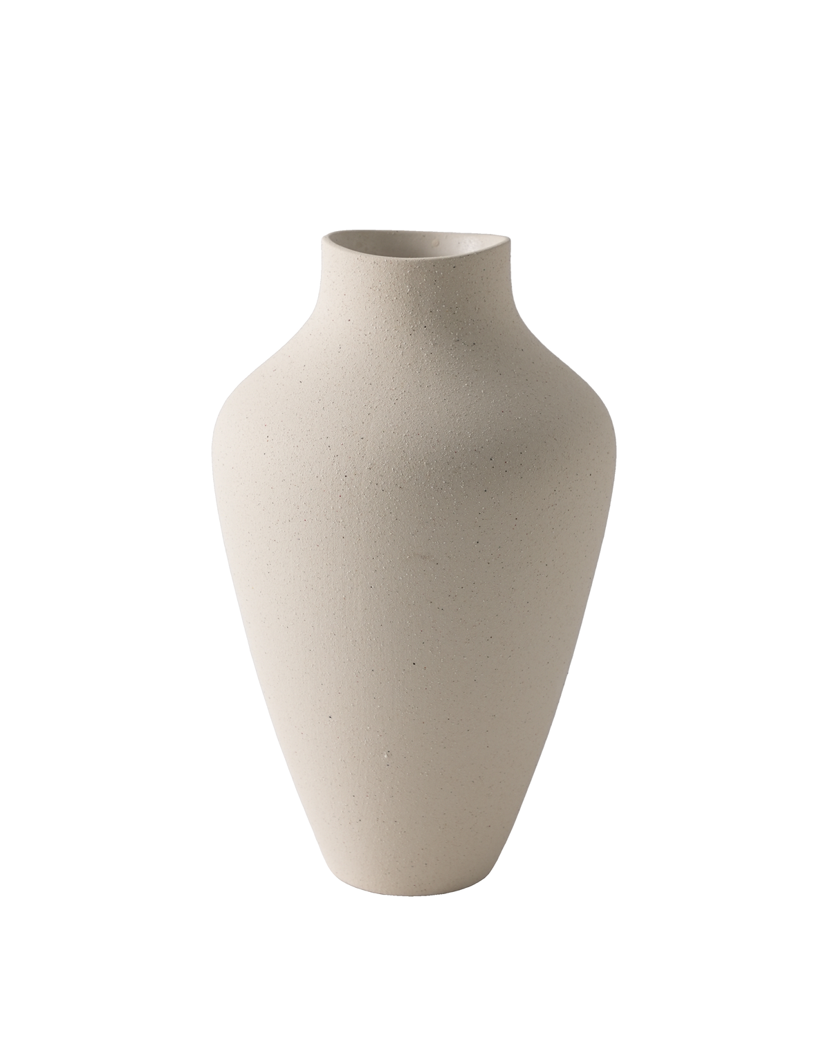 Close view of the ivory vase showing its speckled texture and softly pinched lip, on a white background