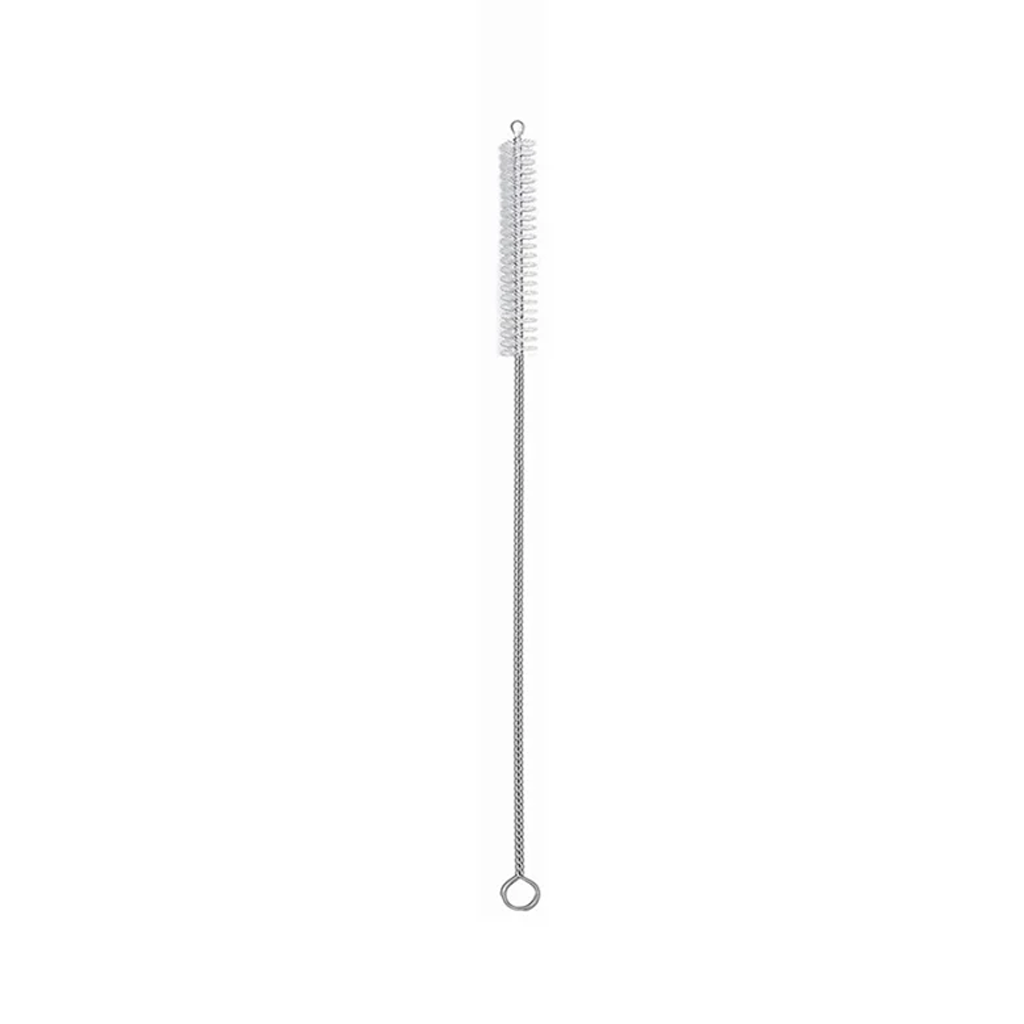 Slim wire straw brush with white bristles at the tip and a looped wire handle, on a white background