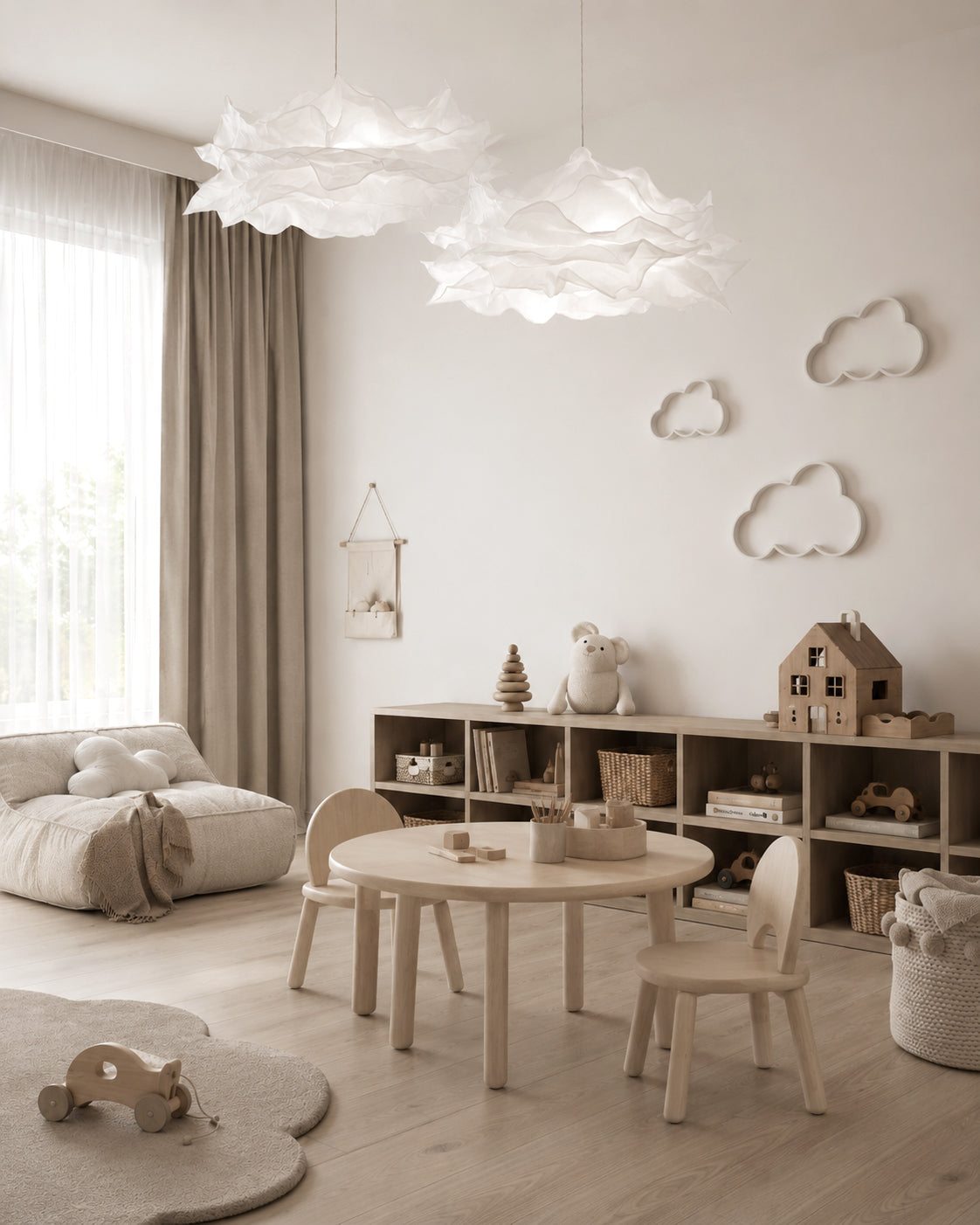 White Cloud Pendant paper lamp shade in a neutral nursery with cloud wall decals and timber toys