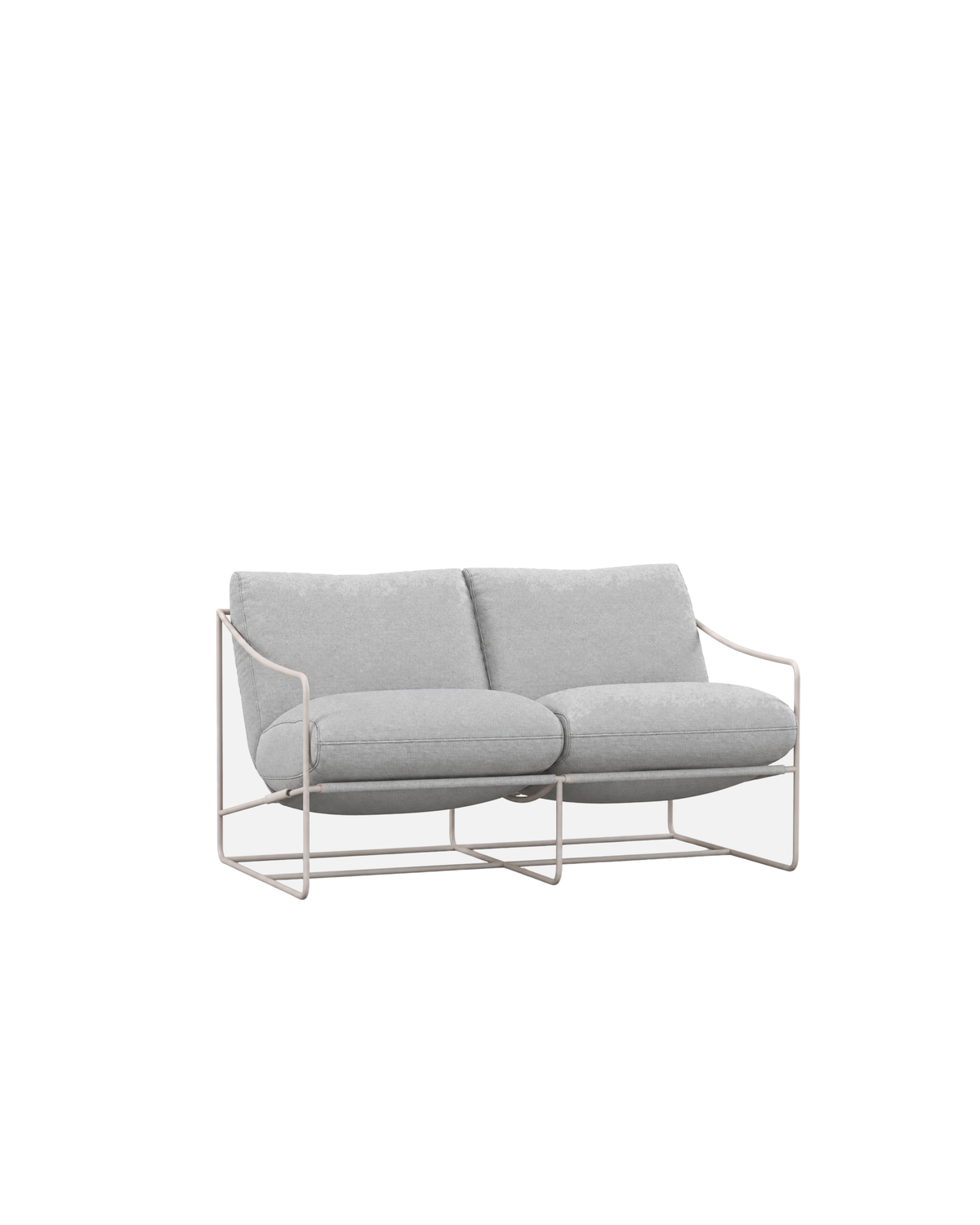 Coco Sling Sofa by Ned Collections, two seater with pale grey cushions in a slim pale aluminium frame, on a white background