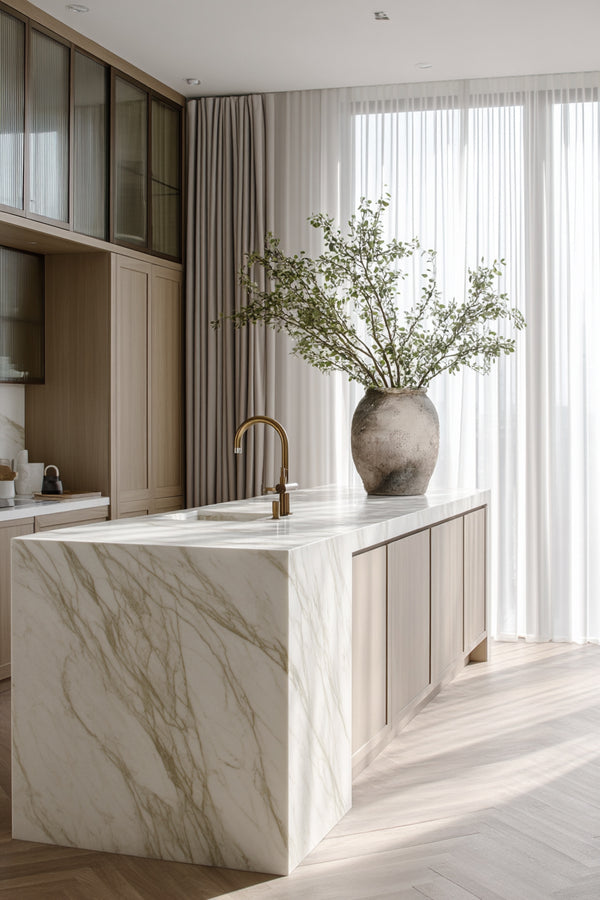 Large concrete-look bellied terracotta vase styled with tall greenery on marble kitchen island; sculptural statement decor.