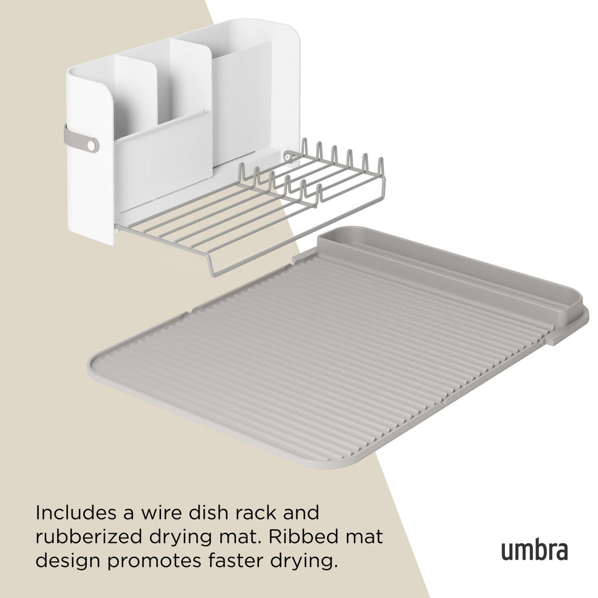 Umbra Sling dish rack with its wire rack and ribbed rubberised drying mat shown
