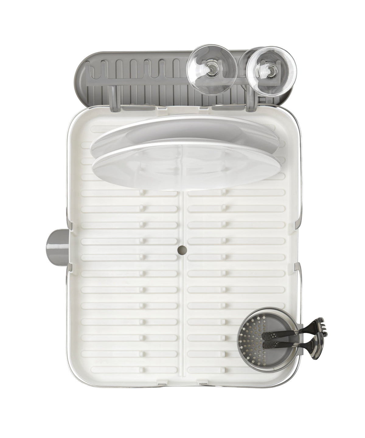 Holster dish rack from above, showing the drainer base, cutlery caddy and glass holder
