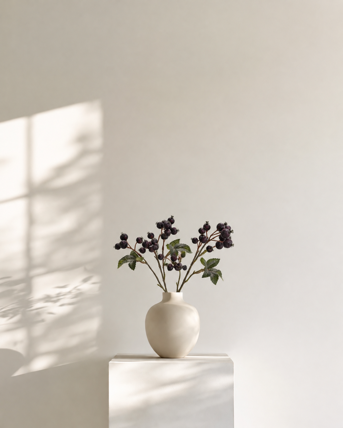 Crab Apple Berry Stems in black doris in a small cream vase on a white plinth in window light